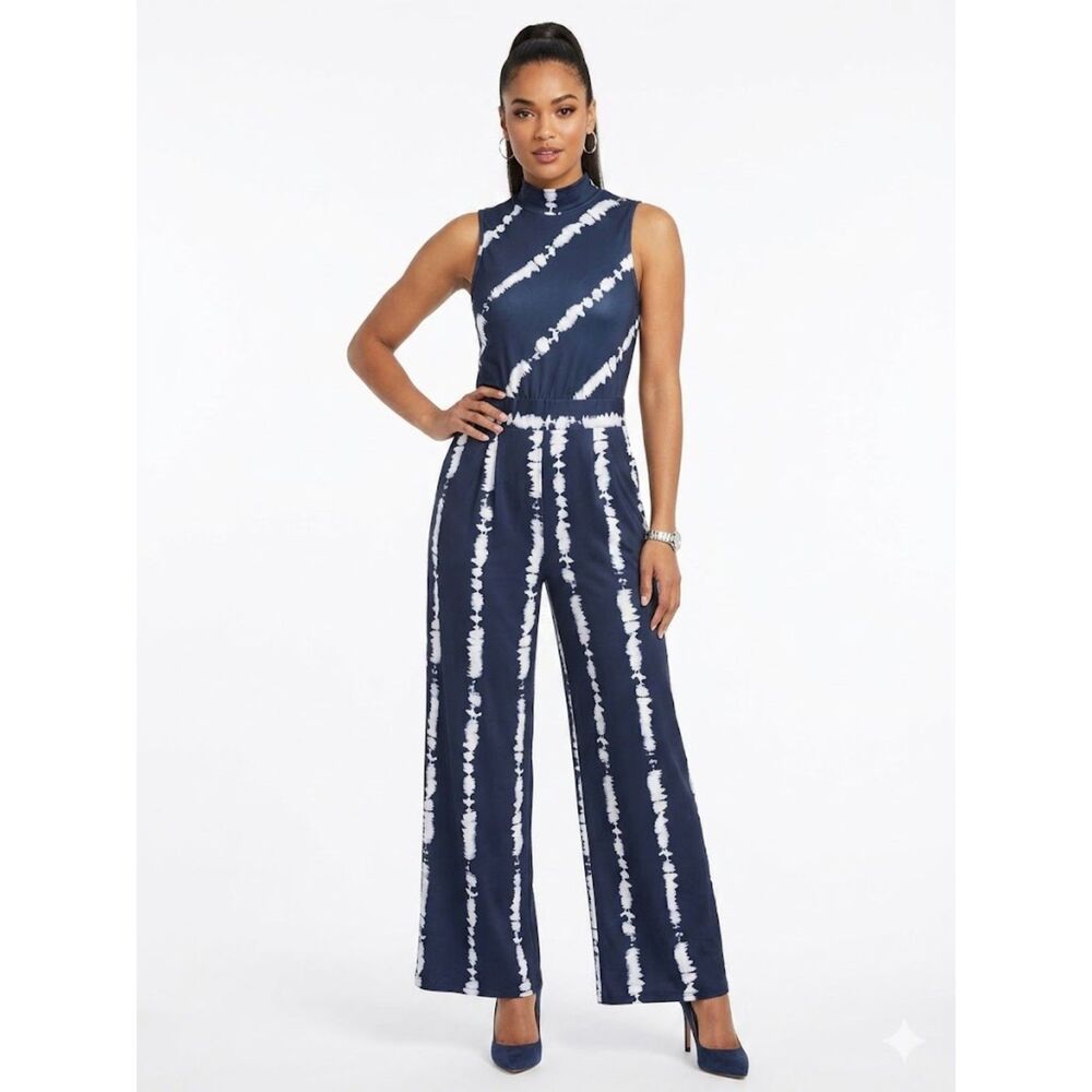 Sleeveless Navy and White Tie-Dye Maxi jumpsuit
